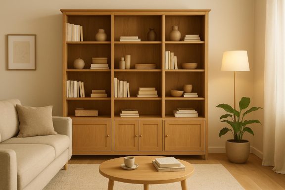 Houten boekenkast met boeken en decoratieve items in een lichte woonkamer.